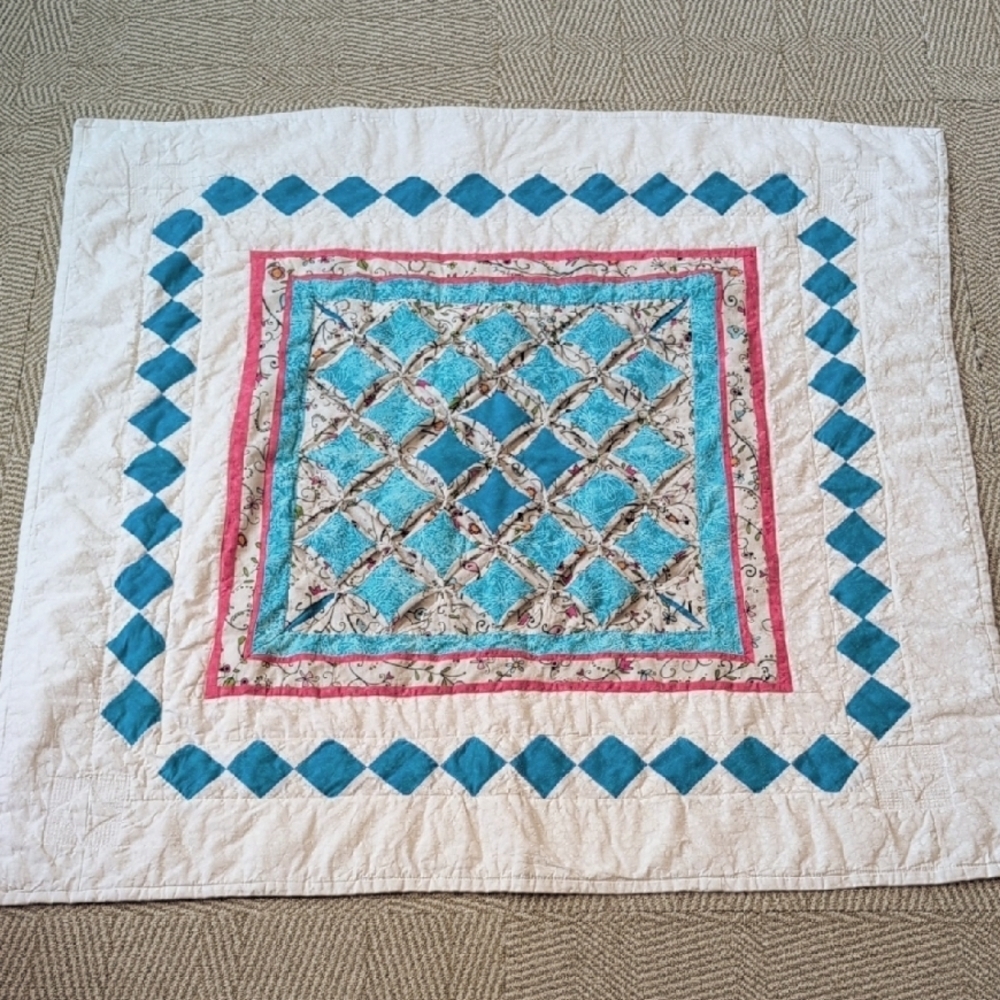 Handmade Lap Baby Wall Hanging Nursery Garden Bug Floral Quilt Teal White Pink